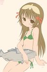  arm_support bikini blush brown_eyes brown_hair chibisuke_machine dated fish flat_chest green_bikini long_hair looking_at_viewer re_mii side-tie_bikini simple_background sitting solo swimsuit thigh_gap zoids zoids_genesis 