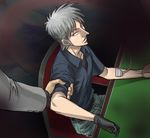  2boys akagi akagi_shigeru arm_grab artist_request belt black_eyes black_gloves black_shirt chair closed_mouth collared_shirt expressionless from_above gloves green_pants long_sleeves male_focus multiple_boys pants pointy_nose shirt short_sleeves silver_hair single_glove sitting solo_focus table transfusion wing_collar 