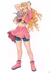  bike_shorts blonde_hair forehead hair_pulled_back kanzuki_karin long_hair momoi_nanabei red_sailor_collar ringlets sailor_collar shorts shorts_under_skirt solo spandex street_fighter 