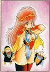  90s adjusting_hair alternate_hair_color armor big_hair blue_leotard breasts cape chibi cleavage dragon_half earrings jewelry king_siva leotard light_smile long_hair medium_breasts mita_ryuusuke official_art red_eyes red_hair rosario_(dragon_half) scan scan_artifacts thighhighs tiara veena_(dragon_half) 