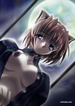  animal_ears blue_eyes breasts cat_ears copyright_request medium_breasts moon no_bra open_clothes open_shirt shirt solo watermark watsuki_ayamo 