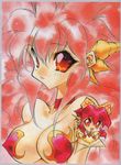  90s bow breasts chibi choker cleavage dragon_girl dragon_half dragon_horns dual_persona fang hair_bow horns large_breasts long_hair mink_(dragon_half) mita_ryuusuke pink_hair polka_dot red_eyes 