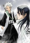  black_hair bleach haori hitsugaya_toushirou japanese_clothes kedo_mitsuharu kuchiki_byakuya long_hair long_sleeves male_focus multiple_boys scarf sword taichou_haori weapon white_hair 