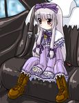  3.1-tan boots bow car car_interior dd_(ijigendd) dress gothic ground_vehicle hair_bow long_hair long_sleeves motor_vehicle os-tan silver_hair sitting solo 