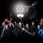  6+boys artist_request axel_(kingdom_hearts) black_coat_(kingdom_hearts) black_hair blonde_hair brown_hair chakram dagger demyx eyepatch gun instrument kingdom_hearts larxene lexaeus long_hair long_sleeves lowres marluxia multiple_boys organization_xiii pink_hair polearm red_hair saix scythe shield short_hair silver_hair sitar spear vexen weapon xaldin xigbar zexion 