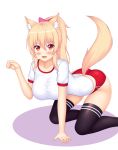  1girl all_fours animal_ear_fluff animal_ears blonde_hair blush borrowed_character bow breasts buruma cat_ears cat_tail eyebrows_visible_through_hair grey_background gym_uniform hair_bow highres keshigomu large_breasts long_hair looking_at_viewer open_mouth original paw_pose ponytail red_eyes simple_background slit_pupils solo tail thighhighs tiffy 