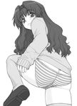  ass blush bottomless butt_crack cameltoe embarrassed from_behind frown greyscale hair_intakes leg_up loafers long_hair long_sleeves looking_back monochrome morino_ichigo no_pants onegai_teacher panties school_uniform shichimenchou shoes simple_background solo striped striped_panties sweater thighhighs thighs underwear wavy_hair 