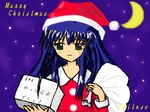  blue_hair blush christmas galaxy_angel gift karasuma_chitose long_hair oekaki ribbon santa_costume solo 