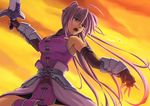  fingerless_gloves gloves levantine long_hair lyrical_nanoha magical_girl mahou_shoujo_lyrical_nanoha mahou_shoujo_lyrical_nanoha_a's nakayama_yukiji open_mouth pink_hair ponytail signum sky solo sunset sword very_long_hair waist_cape weapon 