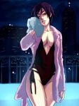  black_hair breasts casual_one-piece_swimsuit cleavage drying drying_body elisabeth_blanctorche kabane_(follabi) large_breasts long_sleeves lowres one-piece_swimsuit one_eye_closed robe short_hair snk solo swimsuit the_king_of_fighters wet wince 