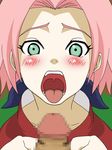  1girl blush censored d: erection forehead_protector furrowed_eyebrows green_eyes hands_up haruno_sakura imminent_fellatio karasumaru looking_at_viewer mosaic_censoring naruto naruto_(series) ninja open_mouth outdoors penis pink_hair portrait pov solo_focus tongue tongue_out uvula 