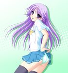  black_legwear blush crossdressing green_panties happiness! kakesu long_hair male_focus otoko_no_ko panties purple_eyes purple_hair skirt skirt_lift solo thighhighs underwear watarase_jun 