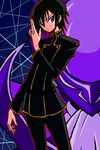  :/ arm_at_side black_hair black_pants closed_mouth code_geass cowboy_shot expressionless eyebrows_visible_through_hair hair_between_eyes hand_up head_tilt helmet lelouch_lamperouge long_sleeves looking_at_viewer male_focus mask outline pants purple_eyes serious shirono solo_focus standing tsurime v-shaped_eyebrows 