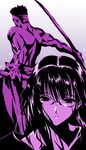  1girl black_lagoon glasses matsuzaki_ginji monochrome muscle purple sakura_nitouhei shirasaya sword topless washimine_yukio weapon 