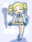  :d ^_^ apron artist_request baking_sheet blonde_hair carrying chocolate_cornet closed_eyes drill_hair food goutokuji_miyako long_sleeves oekaki open_mouth oven_mitts pastry powerpuff_girls_z rolling_bubbles skirt slippers smile socks solo translation_request twin_drills 