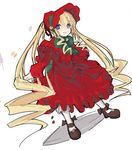  blonde_hair blush bonnet bow bowtie closed_mouth dress drill_hair dutch_angle frills full_body green_bow green_neckwear legs_apart long_hair long_sleeves looking_at_viewer lowres mary_janes nanami_natsuki pantyhose red_dress rozen_maiden shinku shoes sidelocks simple_background smile solo standing very_long_hair white_background white_legwear 