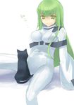  animal arthur_(code_geass) bangs black_cat bodysuit breasts c.c. cat code_geass green_hair hamamo impossible_clothes large_breasts long_hair long_sleeves looking_at_viewer robe simple_background sitting solo spread_legs straitjacket turtleneck very_long_hair white_background white_bodysuit yellow_eyes 