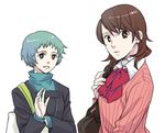  aqua_hair bag brown_hair cardigan choker handbag koaki long_sleeves lowres multiple_girls persona persona_3 ribbon school_uniform short_hair takeba_yukari yamagishi_fuuka 