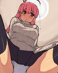  ahoge black_legwear blush crotch eyebrows_visible_through_hair legs_apart long_hair long_sleeves lowres magical_antique oekaki panties pantyshot pink_eyes pink_hair pleated_skirt ribbed_sweater rkrk skirt solo sphie sweater thighhighs underwear white_panties 