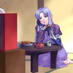  barefoot blue_eyes blue_hair braid caster cup dress eating fate/stay_night fate_(series) food gloves head_rest long_dress long_hair long_sleeves lowres oekaki pointy_ears senbei side_braid sitting solo table tatami tea television wariza watching_television zen 