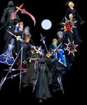  6+boys artist_request axel_(kingdom_hearts) black_coat_(kingdom_hearts) black_hair blonde_hair brown_hair chakram dagger demyx eyepatch gun hood instrument kingdom_hearts larxene lexaeus long_hair long_sleeves luxord marluxia multiple_boys organization_xiii pink_hair polearm red_hair roxas saix scythe shield short_hair silver_hair sitar spear tomahawk vexen weapon xaldin xemnas xigbar zexion 