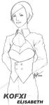  arms_behind_back bad_source bangs breasts buttons cleavage closed_mouth elisabeth_blanctorche greyscale large_breasts lips long_sleeves looking_at_viewer monochrome short_hair simple_background sketch skirt smile snk solo standing swept_bangs the_king_of_fighters the_king_of_fighters_xi white_background 