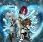  2boys armlet artist_request bare_shoulders belt blue_eyes brown_hair buckle cowboy_shot head_tilt kairi_(kingdom_hearts) kingdom_hearts kingdom_hearts_i looking_at_viewer looking_back looking_down multiple_boys pants red_hair riku silver_hair sleeveless smile sora_(kingdom_hearts) spiked_hair standing upper_body 