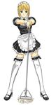  artoria_pendragon_(all) blonde_hair fate/stay_night fate_(series) full_body hands_on_hilt legs_apart maid saber simple_background smile solo standing thighhighs toshibou_(satsukisou) white_background 