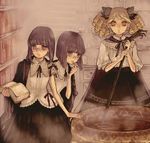  book cauldron conjoined drill_hair earrings glasses jewelry jinno_(icarus) magic_research multiple_girls original siblings steam twins witch yellow_eyes 