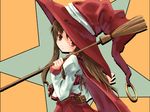  bow broom brown_hair cape hat jewelry long_hair long_sleeves looking_at_viewer nagisa_honoka original red_bow red_cape red_skirt ring shirt skirt solo star starry_background white_shirt witch witch_hat 