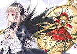  black_dress black_wings blonde_hair blue_eyes bonnet clock dress drill_hair frilled_sleeves frills full_body long_hair multiple_girls outstretched_arm pink_eyes red_dress roman_numerals rozen_maiden shinku sidelocks silver_hair simple_background suigintou twintails watari_shinji white_background wings 