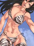  abs animal_print bikini black_hair breasts copyright_request day huge_breasts muscle navel solo sun-3 swimsuit thighhighs thighs toned zebra_print 
