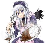  apron curry dress food frills ladle long_sleeves osakana_(denpa_yun'yun) purple_eyes rozen_maiden silver_hair smile solo suigintou wings 
