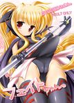  bardiche black_legwear blonde_hair blush cameltoe cowboy_shot fate_testarossa from_below head_tilt holding holding_weapon leotard long_hair looking_at_viewer looking_down lyrical_nanoha mahou_shoujo_lyrical_nanoha polearm raidon red_eyes simple_background skin_tight solo staff standing tareme thighhighs weapon white_background 