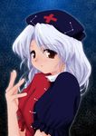  blush brown_eyes hat long_hair looking_at_viewer nurse_cap puffy_short_sleeves puffy_sleeves red_cross short_sleeves silver_hair solo touhou upper_body yagokoro_eirin you_ku 