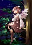  animal_ears brown_eyes claws dress earrings fingernails hat in_tree jewelry long_fingernails long_sleeves looking_up music mystia_lorelei night night_sky pink_hair shoes short_hair singing sitting sitting_in_tree sky socks solo suka touhou tree wings 