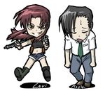  1girl black_lagoon boots chibi closed_eyes dual_wielding grin gun handgun holding holding_gun holding_weapon necktie okajima_rokuro oso_(toolate) pistol revy_(black_lagoon) shorts smile sweatdrop tank_top weapon 