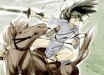  black_eyes black_hair copyright_request horse horseback_riding quiver reins riding solo sun-3 sword weapon 