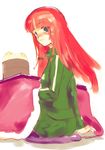  bangs baozi cushion food hong_meiling kotatsu long_sleeves nokishita solo table touhou zabuton 