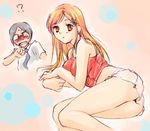  1girl artist_request bleach blush glasses inoue_orihime ishida_uryuu legs long_hair lying midriff on_side orange_hair 