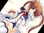  bow bow_panties frapowa highres long_sleeves lyrical_nanoha mahou_shoujo_lyrical_nanoha_strikers miniskirt no_bra open_clothes open_skirt panties pink_panties pleated_skirt skirt solo takamachi_nanoha thighhighs twintails underwear undressing wallpaper white_legwear 