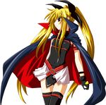  arm_belt bardiche belt blonde_hair cape fate_testarossa fumihiro hair_ribbon long_hair lyrical_nanoha magical_girl mahou_shoujo_lyrical_nanoha miniskirt red_eyes ribbon skirt solo thighhighs twintails very_long_hair 