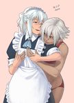  azusa_(hws) blue_eyes blush bra breast_grab breasts dark_skin grabbing lingerie maid medium_breasts multiple_girls original panties red_bra red_panties short_hair underwear white_hair yuri 