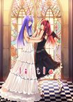  checkered checkered_floor crescent crescent_hair_ornament dancing dress hair_ornament hamayumiba_sou head_wings koakuma multiple_girls patchouli_knowledge perspective stained_glass tile_floor tiles touhou window yuri 