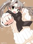 1girl beige_sweater brown_background brown_scarf clenched_hand commentary_request foreshortening green_eyes grey_hair kanoe_soushi kantai_collection long_hair open_mouth ribbed_sweater round_teeth scarf smile solo star starry_background sweater teeth twintails twitter_username upper_body upper_teeth zuikaku_(kantai_collection) 