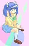  artist_request blue_eyes blue_hair blue_skirt bow bowtie brown_footwear full_body green_bow green_neckwear kneehighs loafers long_sleeves looking_at_viewer momotsuki_gakuen_school_uniform pani_poni_dash! pink_background pleated_skirt sailor_collar shoes simple_background sitting skirt solo suzuki_sayaka white_legwear yellow_sailor_collar 