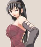 bare_shoulders black_hair breasts copyright_request elbow_gloves gloves large_breasts long_sleeves open_mouth red_eyes solo sun-3 