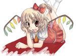  arm_support ascot blonde_hair blush bow eyebrows_visible_through_hair fang flandre_scarlet hair_bow head_rest legs_up looking_at_viewer lying on_stomach one_side_up open_mouth puffy_short_sleeves puffy_sleeves red_bow red_eyes red_skirt short_sleeves skirt socks solo tora_(torayarou) touhou white_legwear wings 