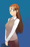  bag brown_eyes brown_hair glasses long_hair long_sleeves nikonikomachi original school_uniform simple_background sketch solo sweater sweater_vest v_arms vest 