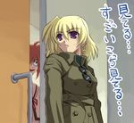  blonde_hair crazy_eyes earrings jewelry long_sleeves lyrical_nanoha mahou_shoujo_lyrical_nanoha mahou_shoujo_lyrical_nanoha_a's multiple_girls nakayama_yukiji school_uniform seishou_elementary_school_uniform shamal takamachi_nanoha translated trench_coat white_devil 